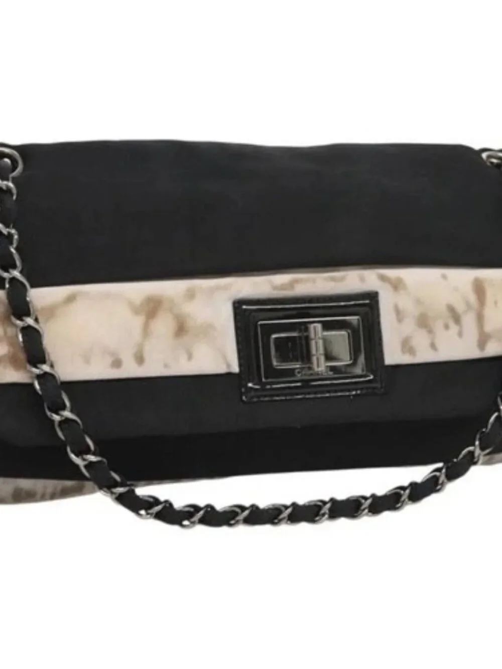 CHANEL Chain Shoulder Bag Nylon Black Silver CC Auth 125969